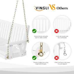 VINGLI Heavy Duty 880 LBS Wooden Patio Porch Swing with Cup Holder, Outdoor Swing Chair Bench with Adjustable Chains for Porch, Yard, Balcony, Tree (5FT, White)