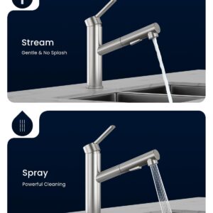 DAYONE Modern Bar Kitchen Faucet with Pull-out Sprayer Brushed Nickel, RV Single Handle Kitchen Sink Faucets Low Arc Stainless Steel, with Deck Plate for 1 3 Holes Sink Install 2 Modes and 360° Swivel