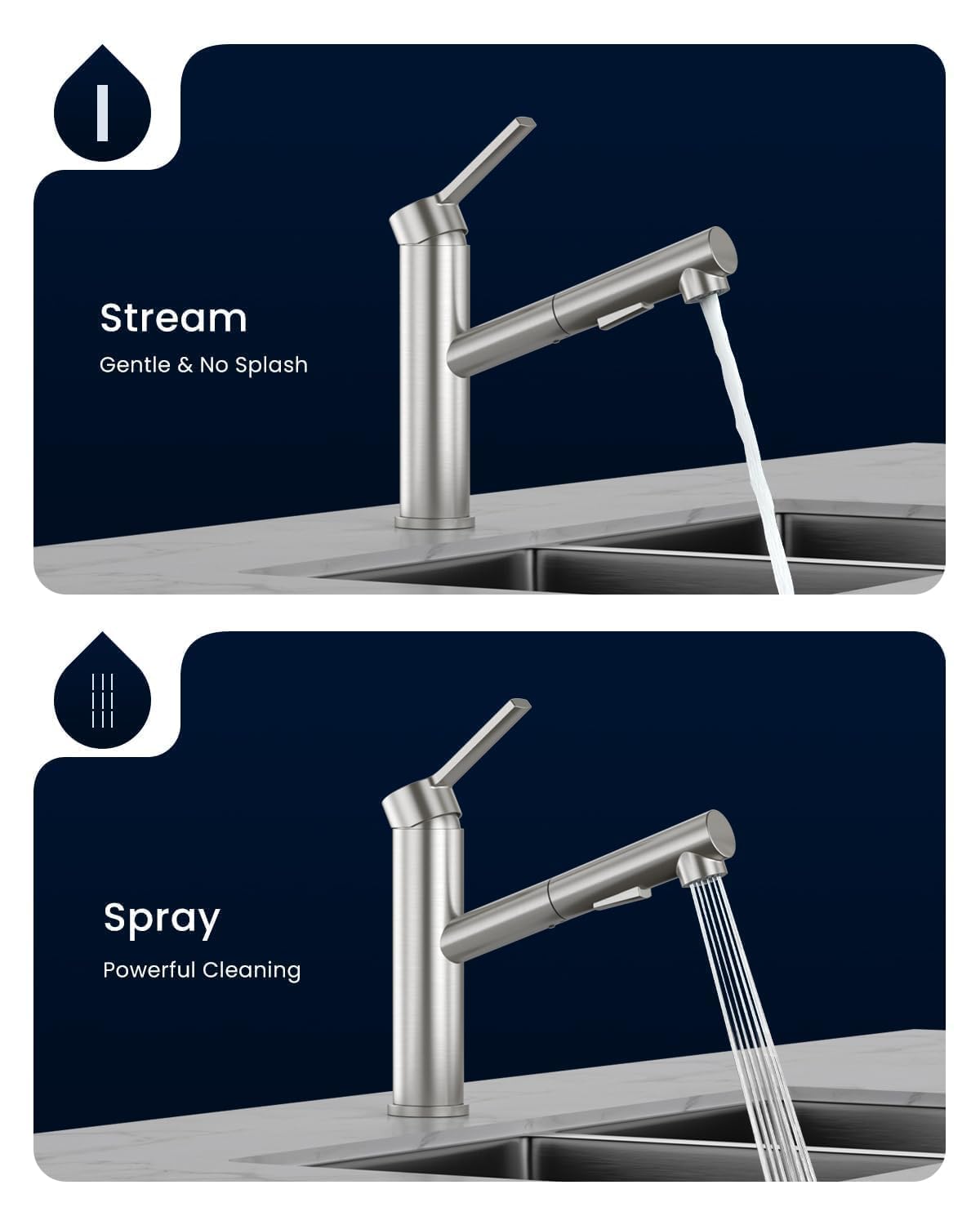 DAYONE Modern Bar Kitchen Faucet with Pull-out Sprayer Brushed Nickel, RV Single Handle Kitchen Sink Faucets Low Arc Stainless Steel, with Deck Plate for 1 3 Holes Sink Install 2 Modes and 360° Swivel