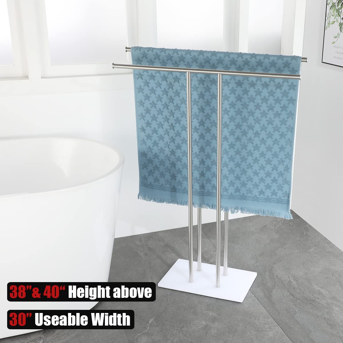 JQK Bath Towel Holder Stand Brushed, 30 Inch Free Standing Double Towel Rack Shelf for Bathroom Floor, Brushed Steel, BTH100L30-WN