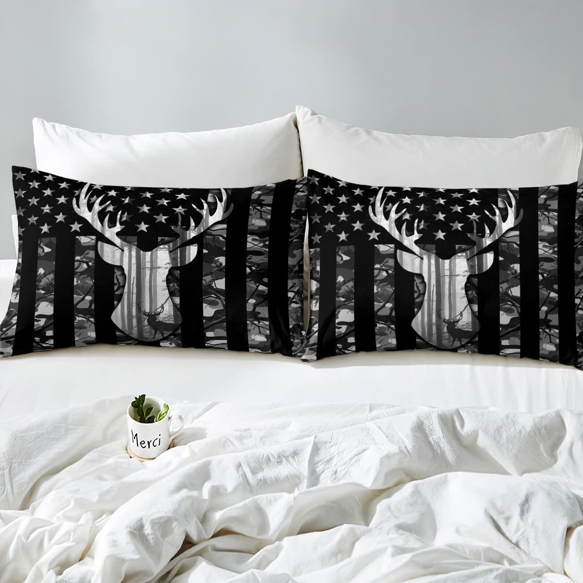 Camouflage American Flag Duvet Cover Full,Deer Antlers Silhouette Bedding Set,Wild Animal Natural Comforter Cover 3 Pcs for Kids Teens Adults Room Decor,Black Grey Camo Quilt Cover with 2 Pillowcases