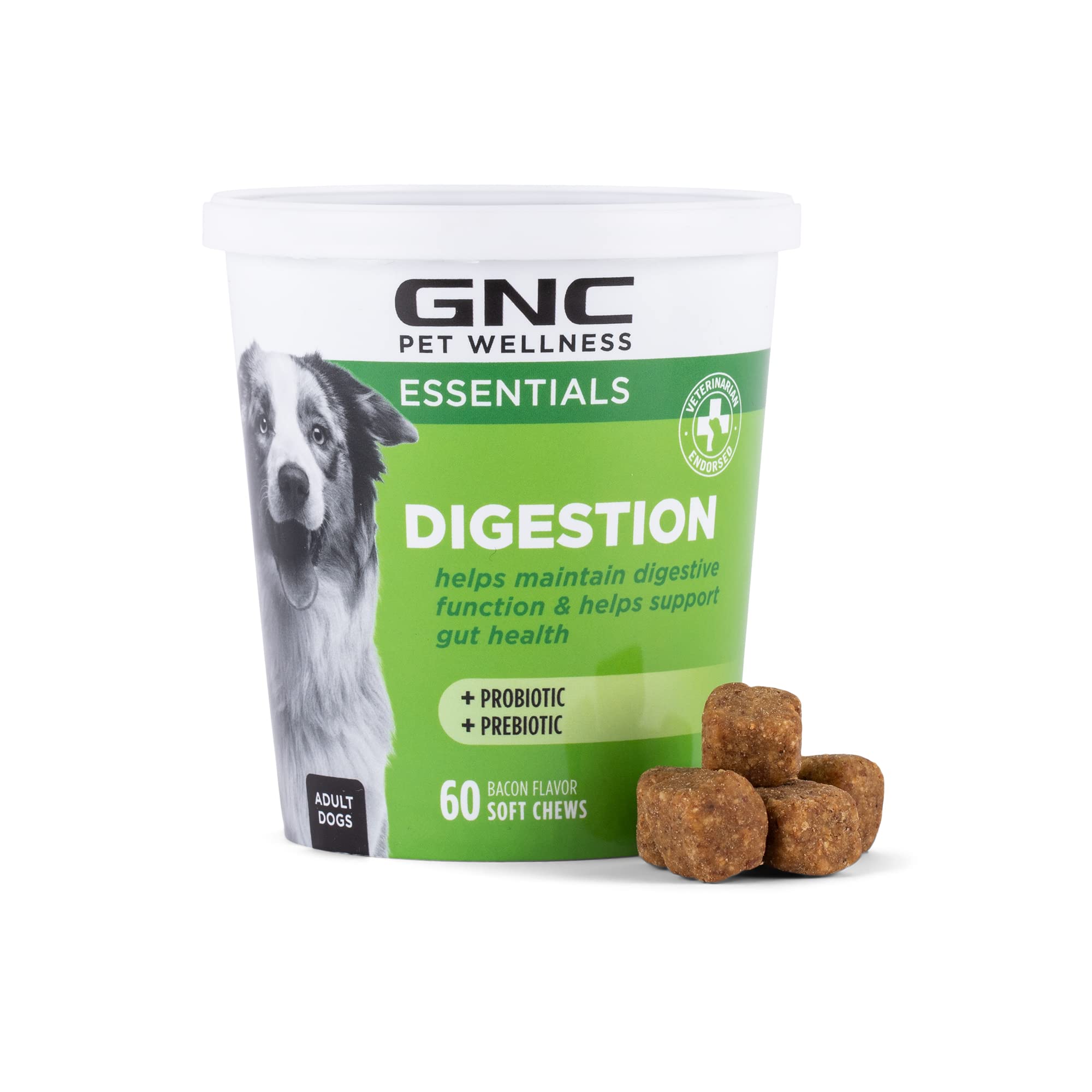 GNC Pets Essentials Digestion Supplements for All Dogs 60ct 2.2g Soft Chews Bacon Flavor 12oz Reusable Container | Daily Supplements for Dogs Digestion (FF15595)