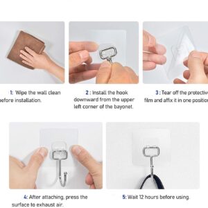 Large Adhesive Hooks 22Ib(Max),Waterproof and Rustproof Wall Hooks for Hanging Heavy Duty,Stainless Steel Towel and Coats Hooks to use Inside Kitchen Bathroom Home and Office 8 Pack (Transparent)