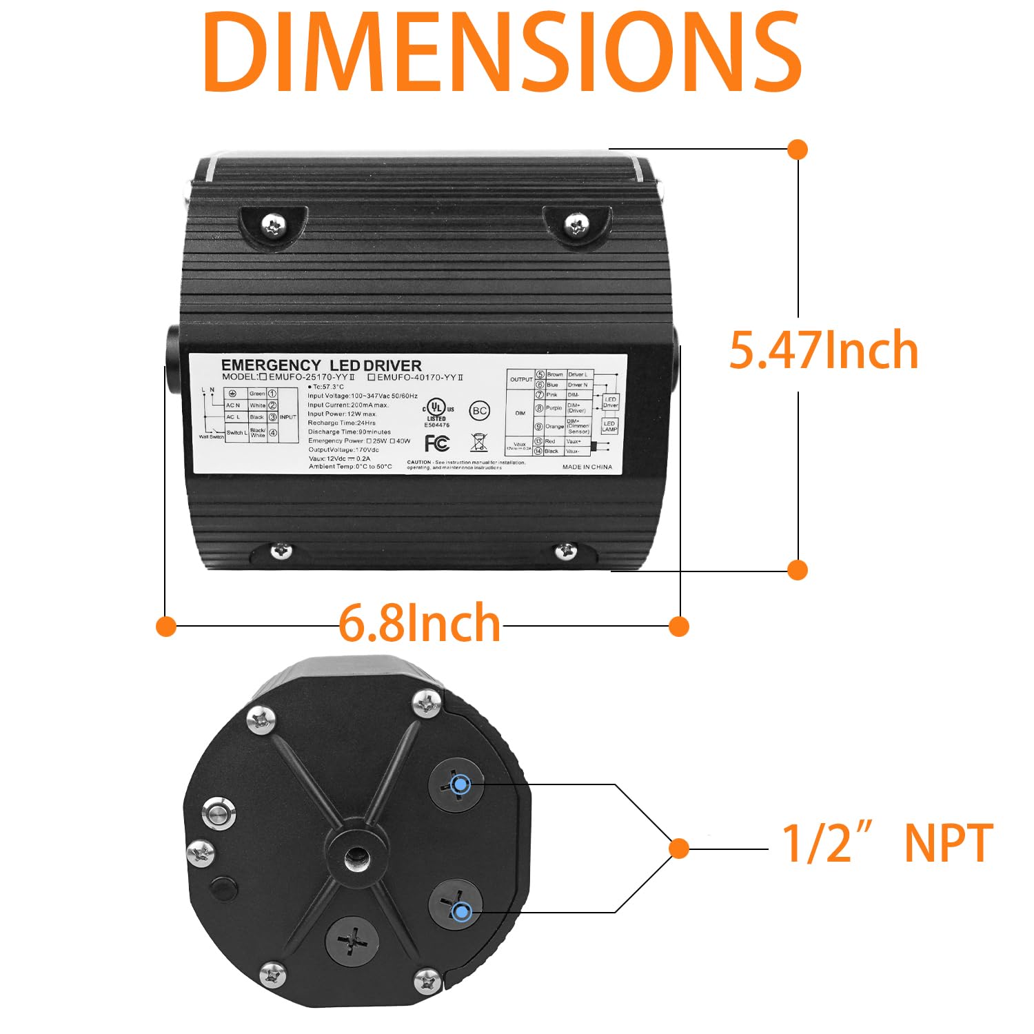 40W LED Emergency Backup Driver, Rechargeable LED Light Emergency Backup Battery for Dimmable UFO LED High Bay Light, Input AC 100-347V Output DC 170V, Emergency Time 90 Minutes, UL Listed