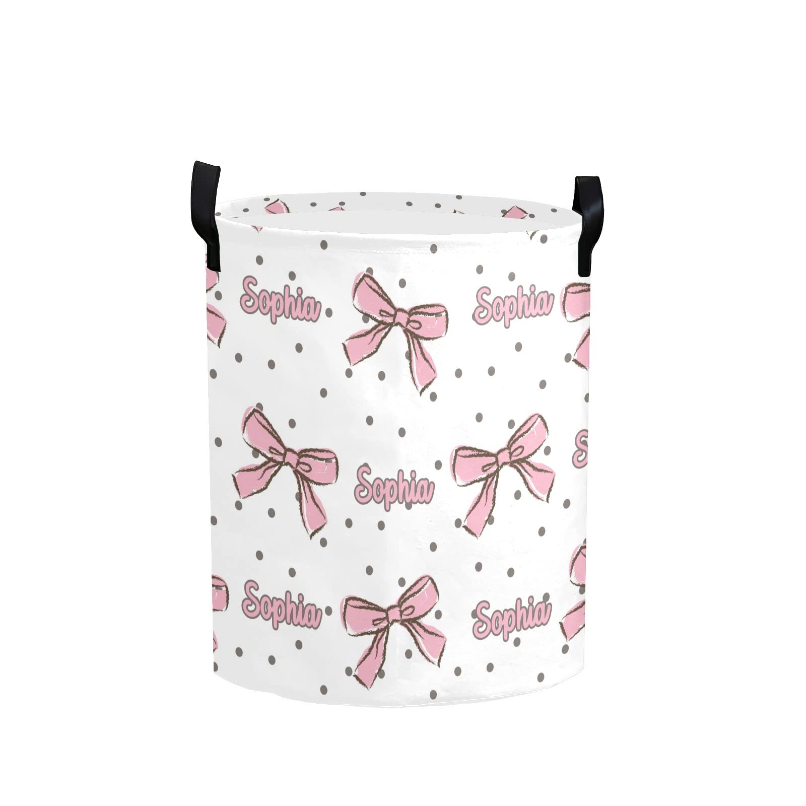 Personalized Laundry Basket Hamper,Pink Bow Dots Name Text,Collapsible Storage Baskets with Handles for Kids Room,Clothes, Nursery Decor