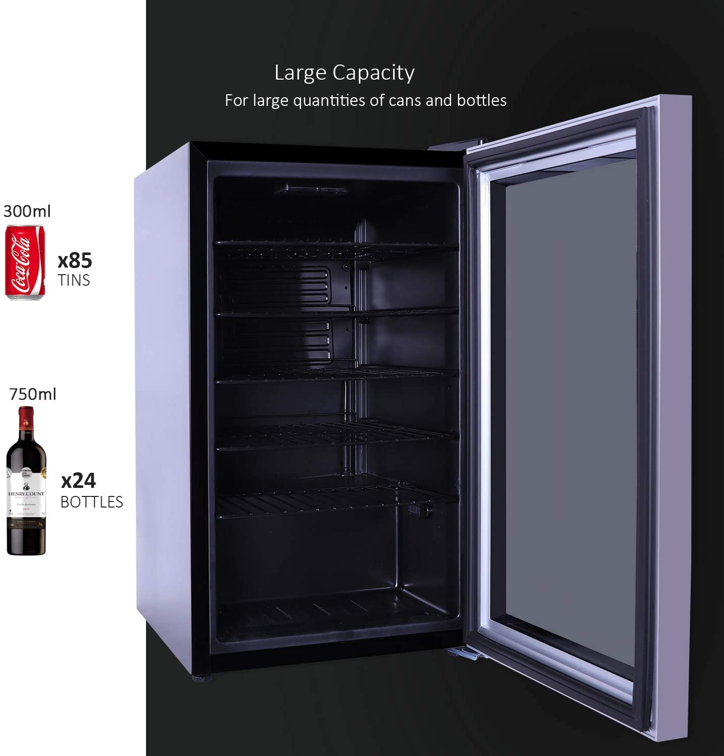 WATOOR 85 Cans Wine Cooler and Beverage Refrigerator with Glass Door Removable Wire Shelves 40°F - 61°F 2.7 Cu Ft