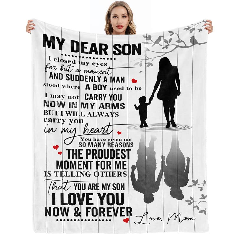 lpmisake Gifts for Son from Mom Fathers Day Birthday Gifts to My Son Blanket Boys Christmas Valentines Day Gifts for Him Love Son Letters Printed Soft Flannel Fleece Blanket for Bed Couch 60" x 50"