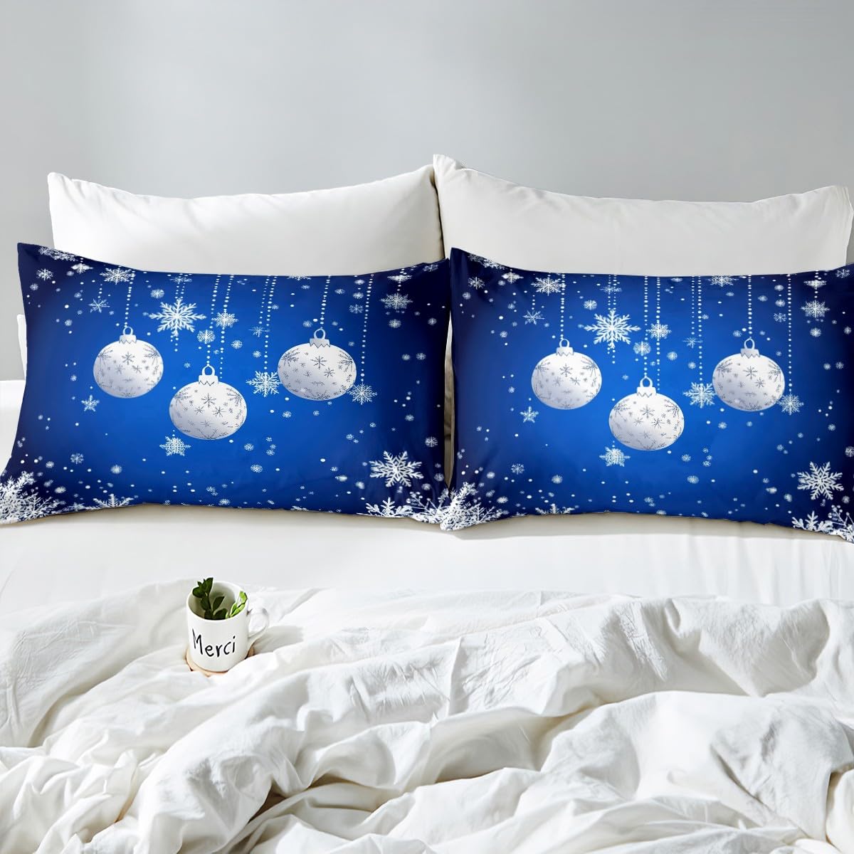 Erosebridal Merry Christmas Duvet Cover Queen Size,Blue Christmas Ornaments Bedding Set Xmas Snowflake Comforter Cover for Boys Girls Glitter Stars Bed Sets New Year Christmas Decorations