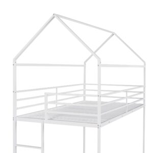 Harper & Bright Designs Twin Over Twin House Bunk Bed, Metal Floor Bunk Bed Frame for Kids, Built-in Ladder, No Box Spring Needed - White