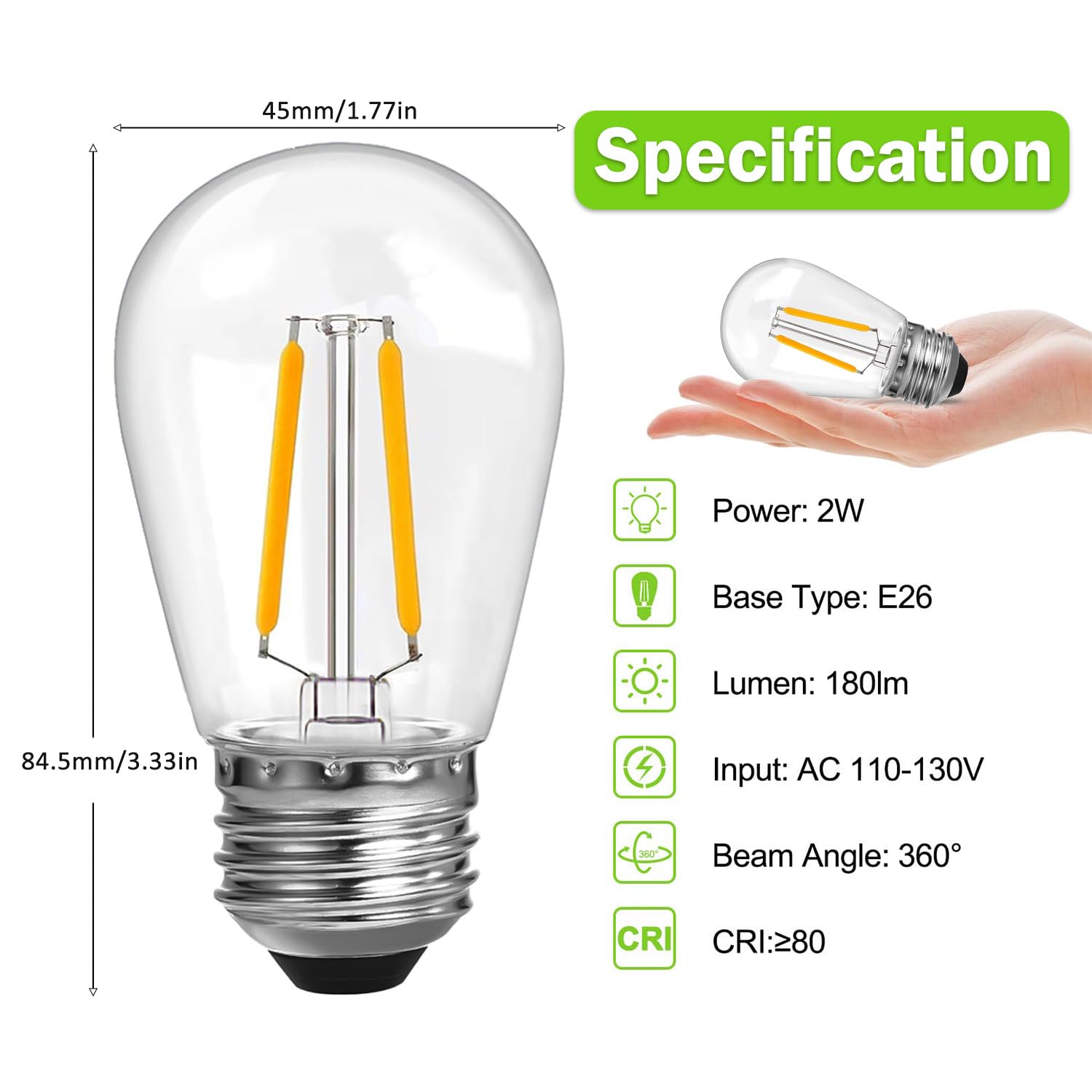 ROMANJOY 2W S14 Replacement Bulbs for Outdoor String Lights, 2700K Warm White, 20 Watt Equivalent PC Shatterproof E26 Edison Bulb for Outside Patio & Garden, 6 Pack