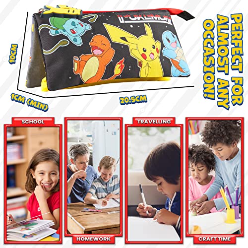 Pokemon Pencil Case for Boys and Girls - Pikachu School Supplies - Triple Compartment Pencil Pouch - Anime Gifts