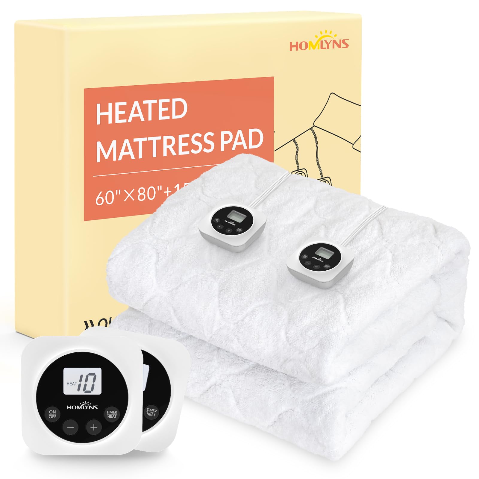 HOMLYNS LuxeHeat Electric Heated Mattress Pad Queen Size Zoned Dual Control 10 Heat Levels 1-12H Timer,Sherpa,Illuminated Button