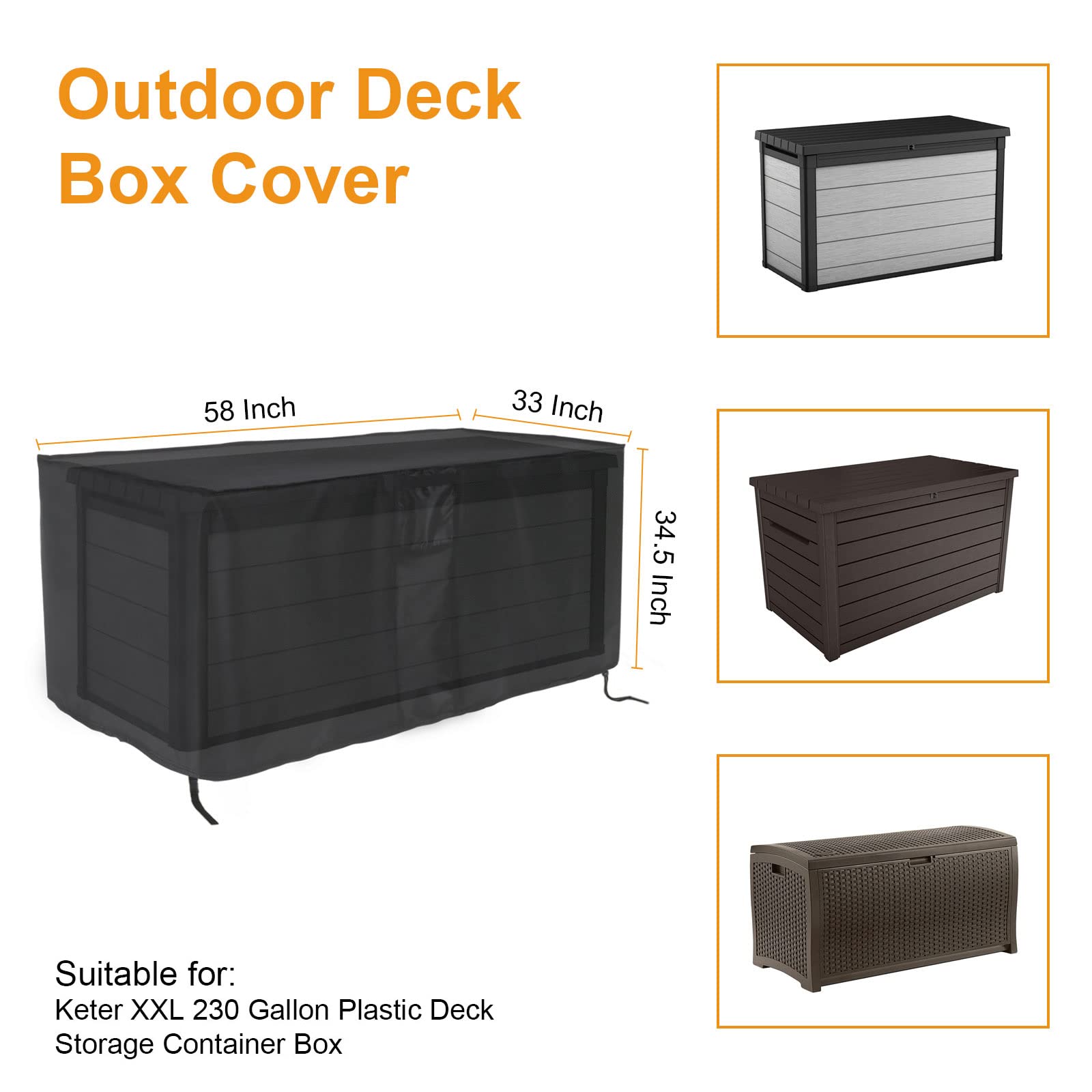 Fenghome Deck Box Cover, Outdoor Waterproof Cover for Keter XXL 230 Gallon Plastic Deck Storage Container Box, Patio Storage Box Covers Prep Table Cover, 58 x 33 x 34.5 Inch