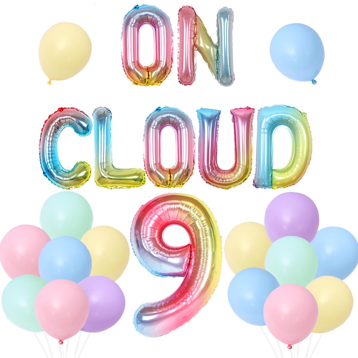 Sursurprise On Cloud 9 Birthday Decorations for Girls, Gradient On Cloud 9 Balloons Pastel Rainbow Balloon for Cloud Rainbow 9th Birthday Party Supplies