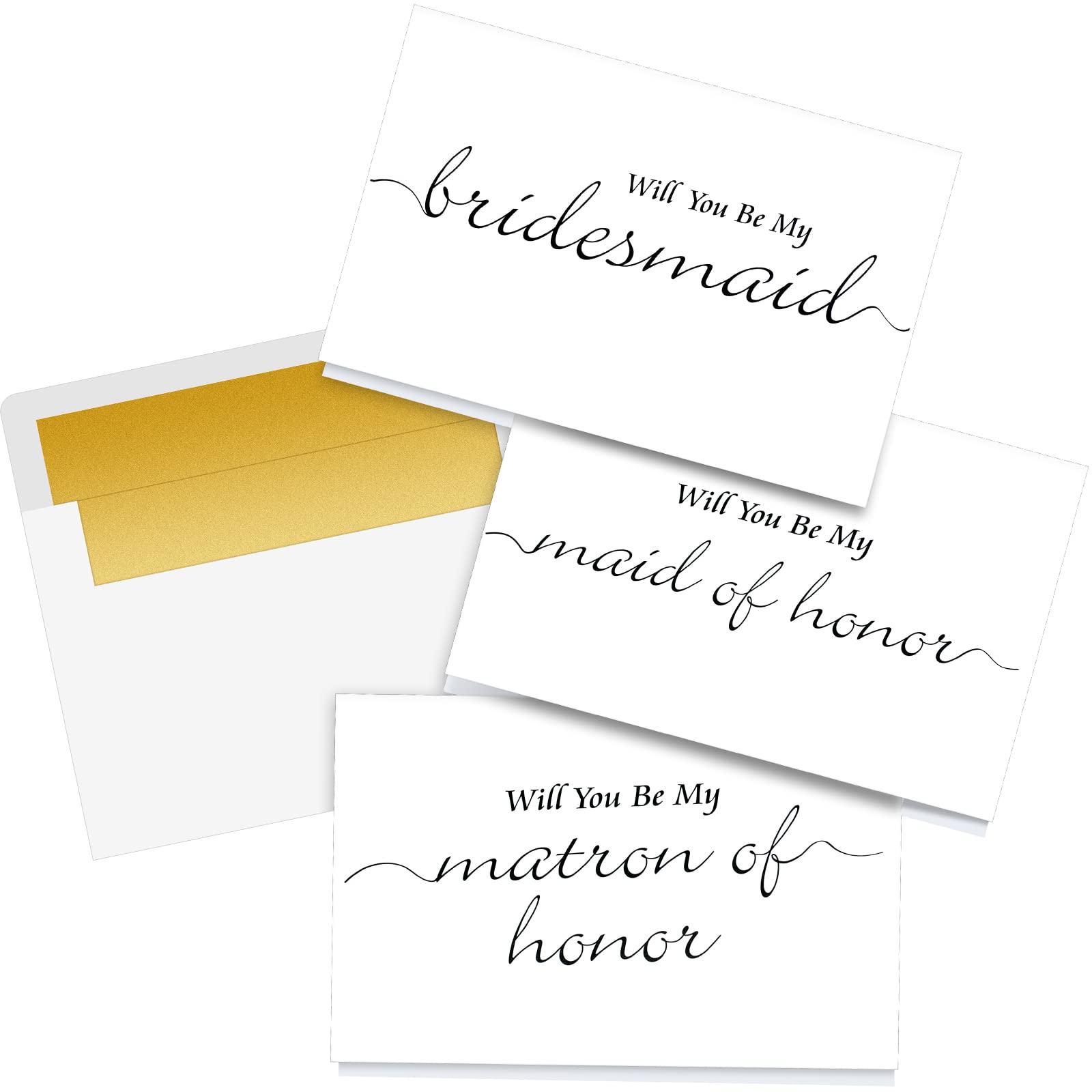 10 Pack Bridesmaid Proposal Card 4 x 5.5'' Will You Be My Bridesmaid Card Folded with Black Caligraphy and Gold Foil Lined Envelopes 8 Bridesmaid Cards 1 Maid of Honor Card and 1 Matron of Honor Card