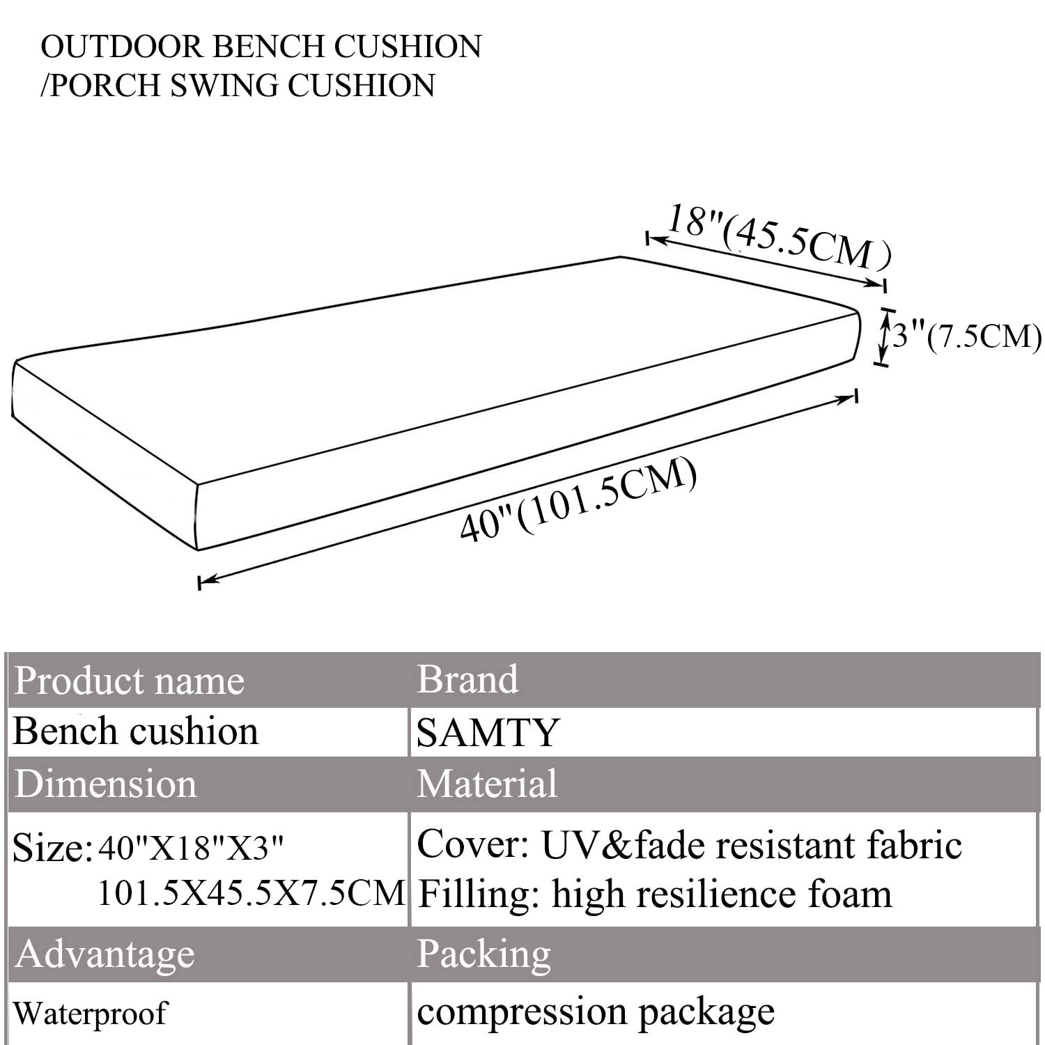 Waterproof Bench Cushion for Outdoor Furniture Garden Porch Swing Cushions for Long Patio Chair Window Seat Pad 40 inch x 18, Beige