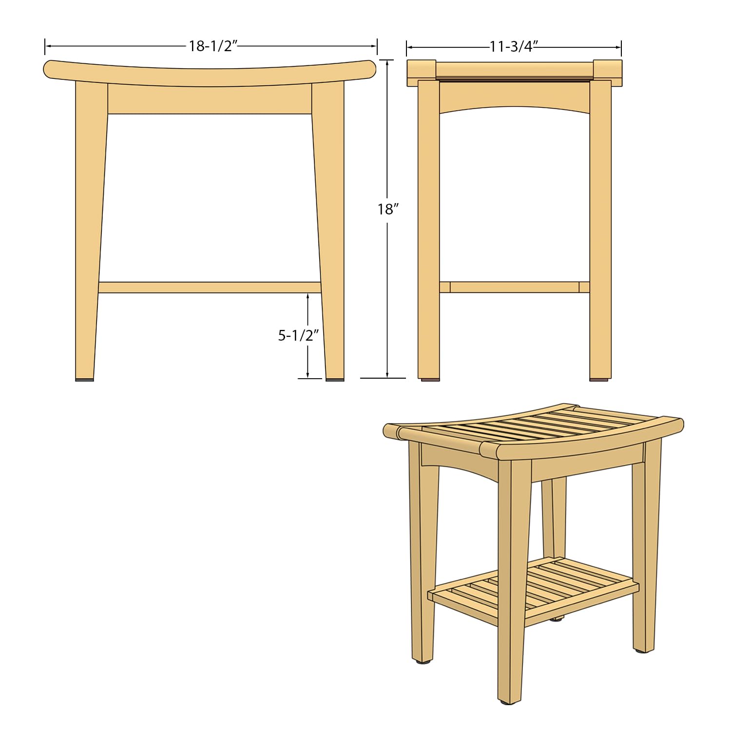 Spateak Kasa Solid Teak Indoor Outdoor Shower/Bath/Spa Stool Bench with Bottom Shelf, Fully Assembled, DB-916