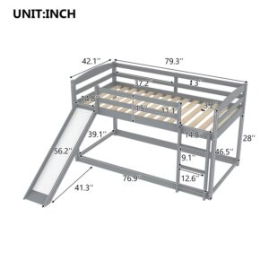 Low Bunk Beds Twin Over Twin Bunk Bed with Slide Wood Bed Frame for 2 Kids Boys Girls Teens, White