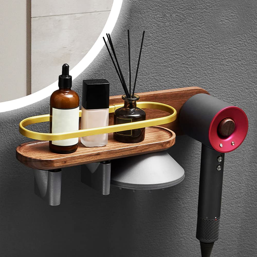 Hair Dryer Stand Holder for Dyson Supersonic, Magnetic Hair Dryer Display Rack Wood Bathroom Wall Mounted Organizer (C)