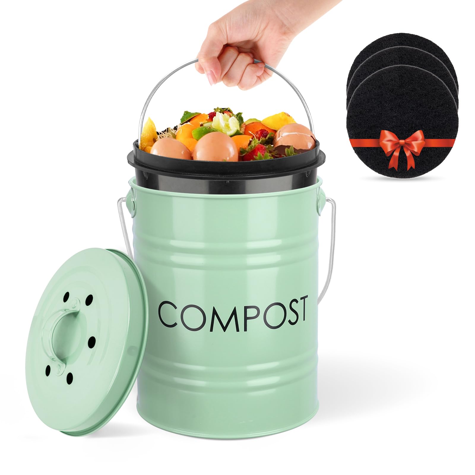 Vipush Kitchen Countertop Compost Bin with lid – Small, Includes Inner Compost Bucket Liner & Charcoal Filter, Green