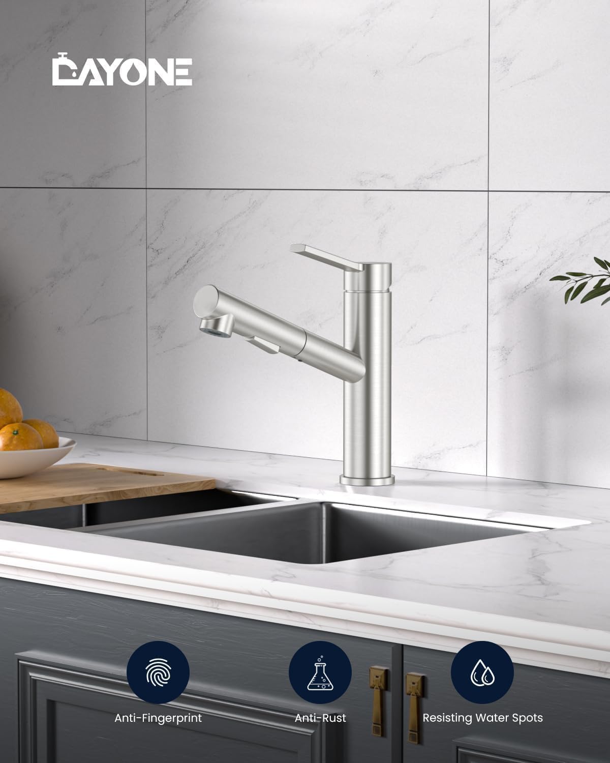 DAYONE Modern Bar Kitchen Faucet with Pull-out Sprayer Brushed Nickel, RV Single Handle Kitchen Sink Faucets Low Arc Stainless Steel, with Deck Plate for 1 3 Holes Sink Install 2 Modes and 360° Swivel