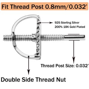 2-Pairs Screw Earring Backs for Threaded Post .032"/0.8mm,18K Gold Plated Sterling Silver Screw on Earring Backs Replacements for Diamond Earring Studs, Hypoallergenic Secure ScrewBacks