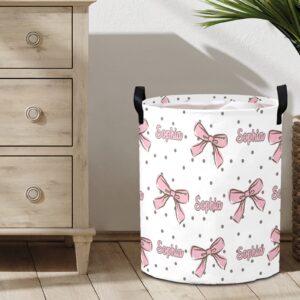 Personalized Laundry Basket Hamper,Pink Bow Dots Name Text,Collapsible Storage Baskets with Handles for Kids Room,Clothes, Nursery Decor