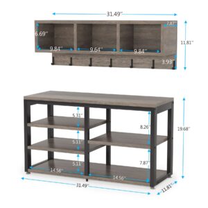 Tribesigns Coat Rack Shoe Bench Set Industrial, Hall Tree with 3 Storage Cubbies, 7 Hooks for Entryway, Hallway, 5-in-1Design, Vintage Grey