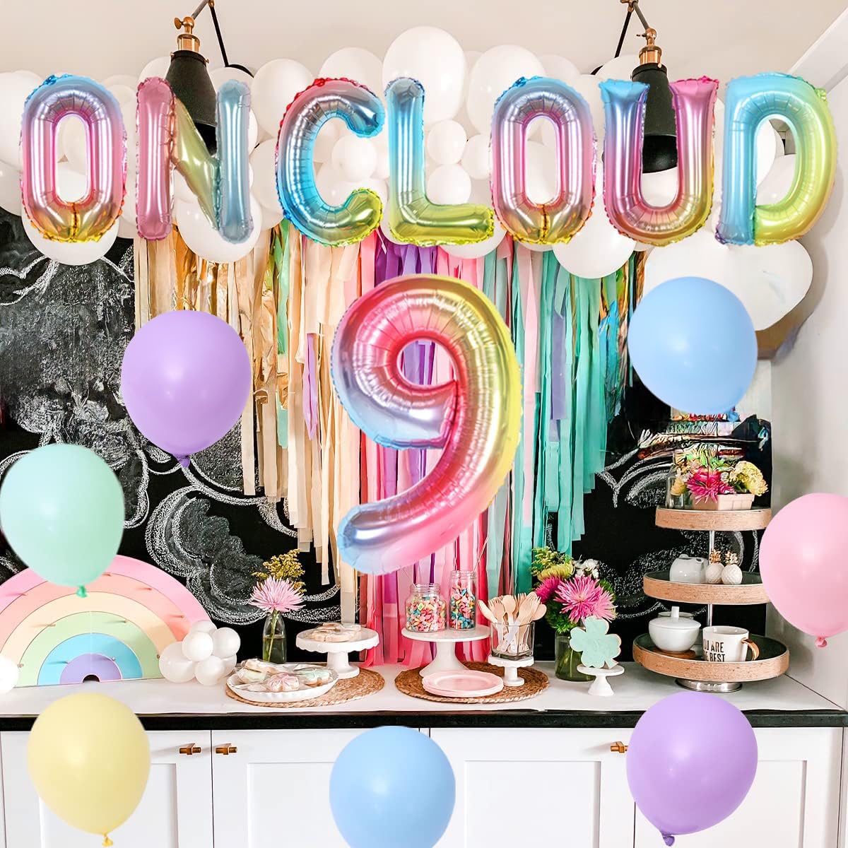 Sursurprise On Cloud 9 Birthday Decorations for Girls, Gradient On Cloud 9 Balloons Pastel Rainbow Balloon for Cloud Rainbow 9th Birthday Party Supplies