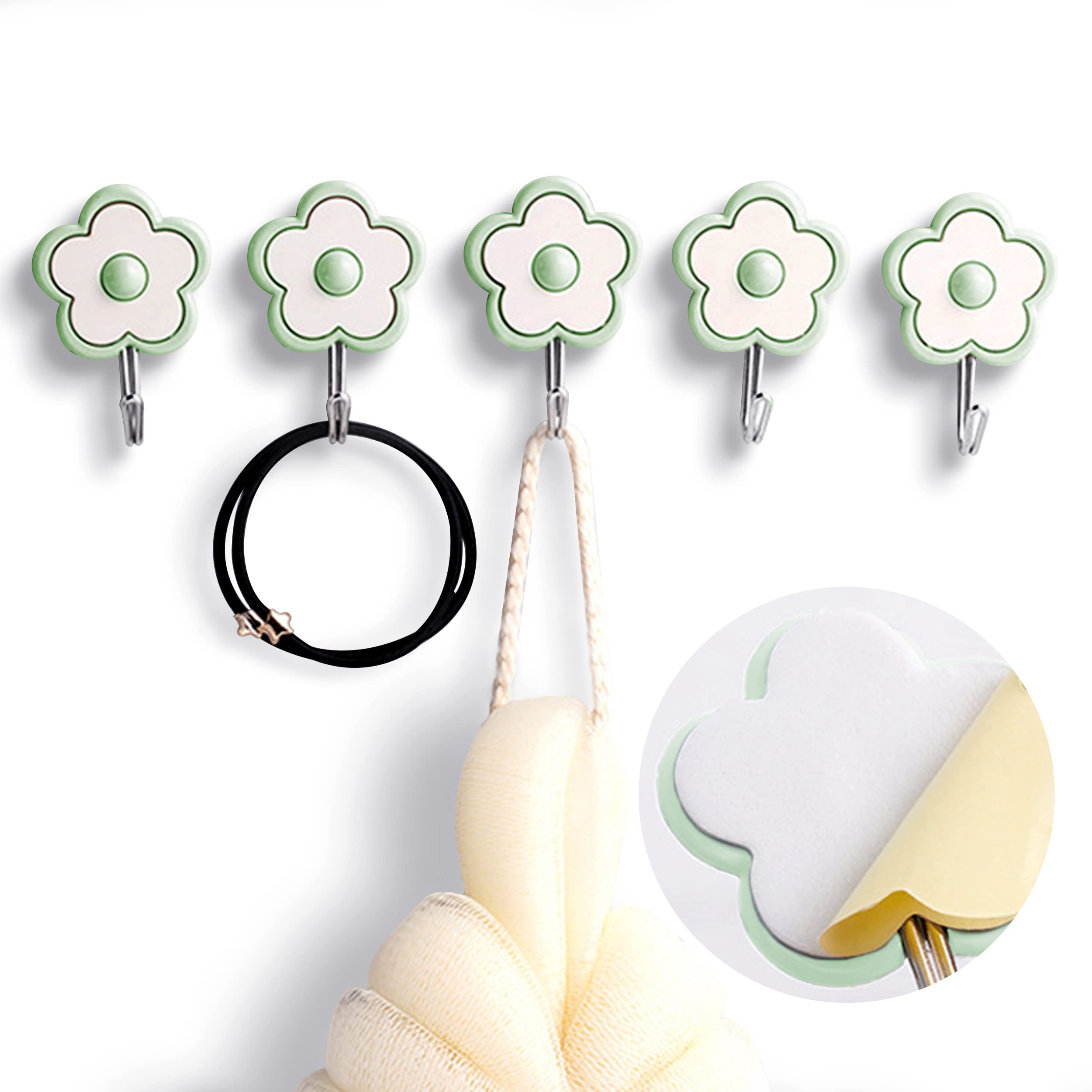 LilyBeauty [5 Pack] Cute Floret Utility Hooks Heavy Duty Up to 5 Pounds, Waterproof and Oil Proof. Hanging Key. Stick On Wall Kitchen Bathroom Ceiling Or Office Windows Hangers-Green