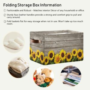 Sunflowers on Wooden Storage Basket Storage Bin Rectangular Collapsible Storage Box with Leather Handles Shelves Basket Organizer for Home, School