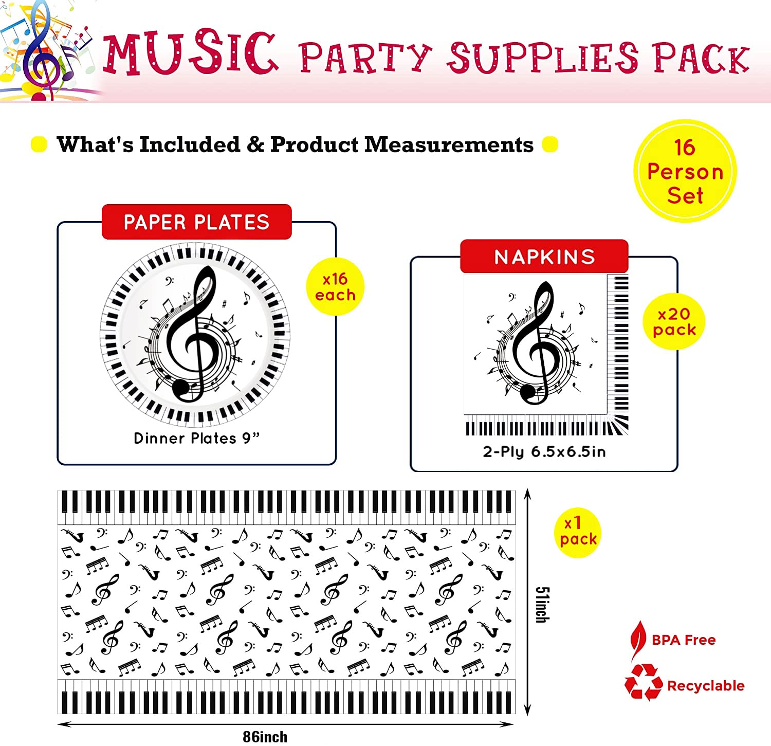 Musical Notes Party Supplies and Decorations,Include Musical Social Media Plates,Napkins,Music Notes Tablecloth,for Kids Music Theme Birthday Party Bridal Wedding Baby Shower Decor(16 Guests )