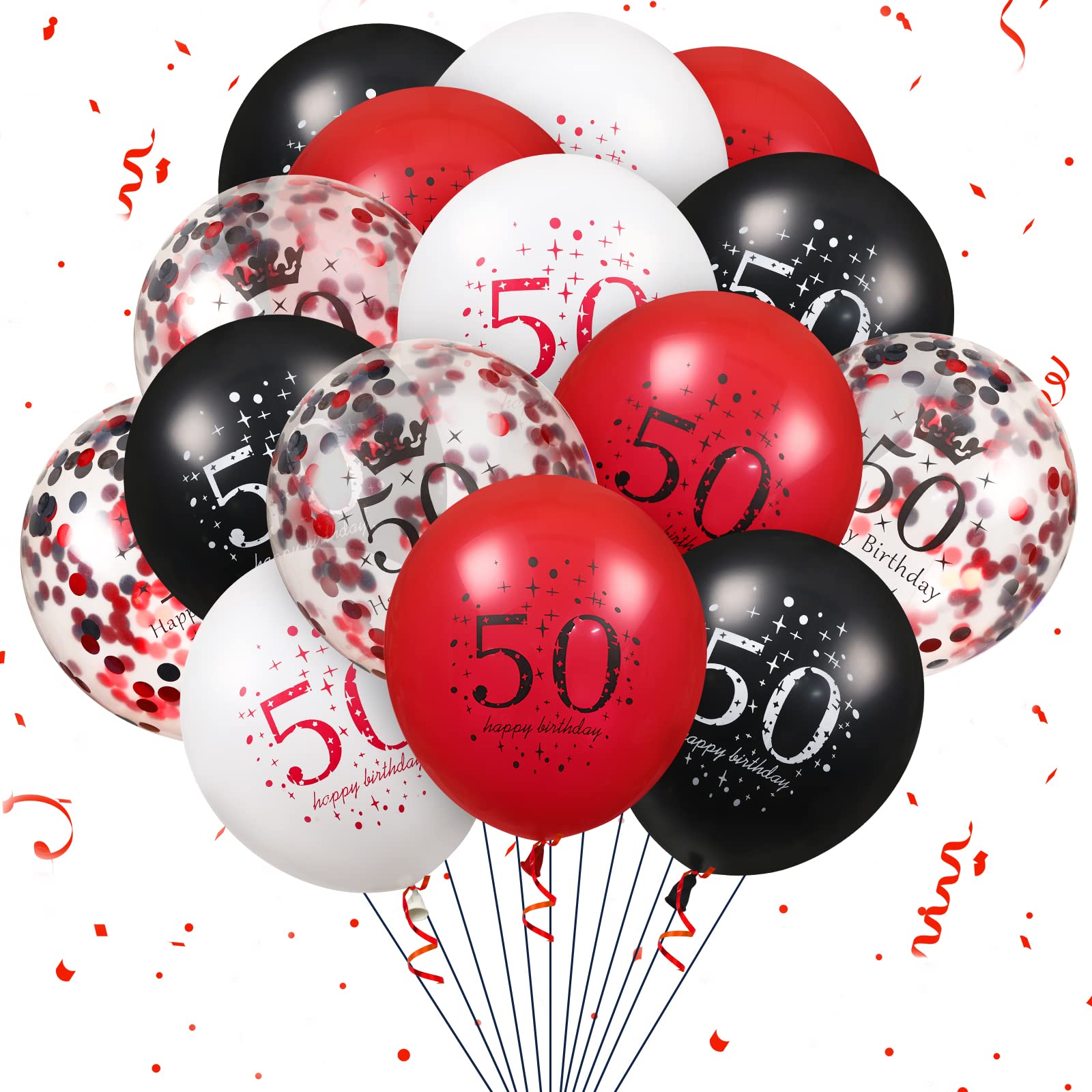 50th Latex Birthday Balloons, 16Pcs Red Black Happy 50th Birthday Balloons, Red Black 50th Birthday Party Decorations Balloons for Women Men 50th Birthday, Anniversary Decor