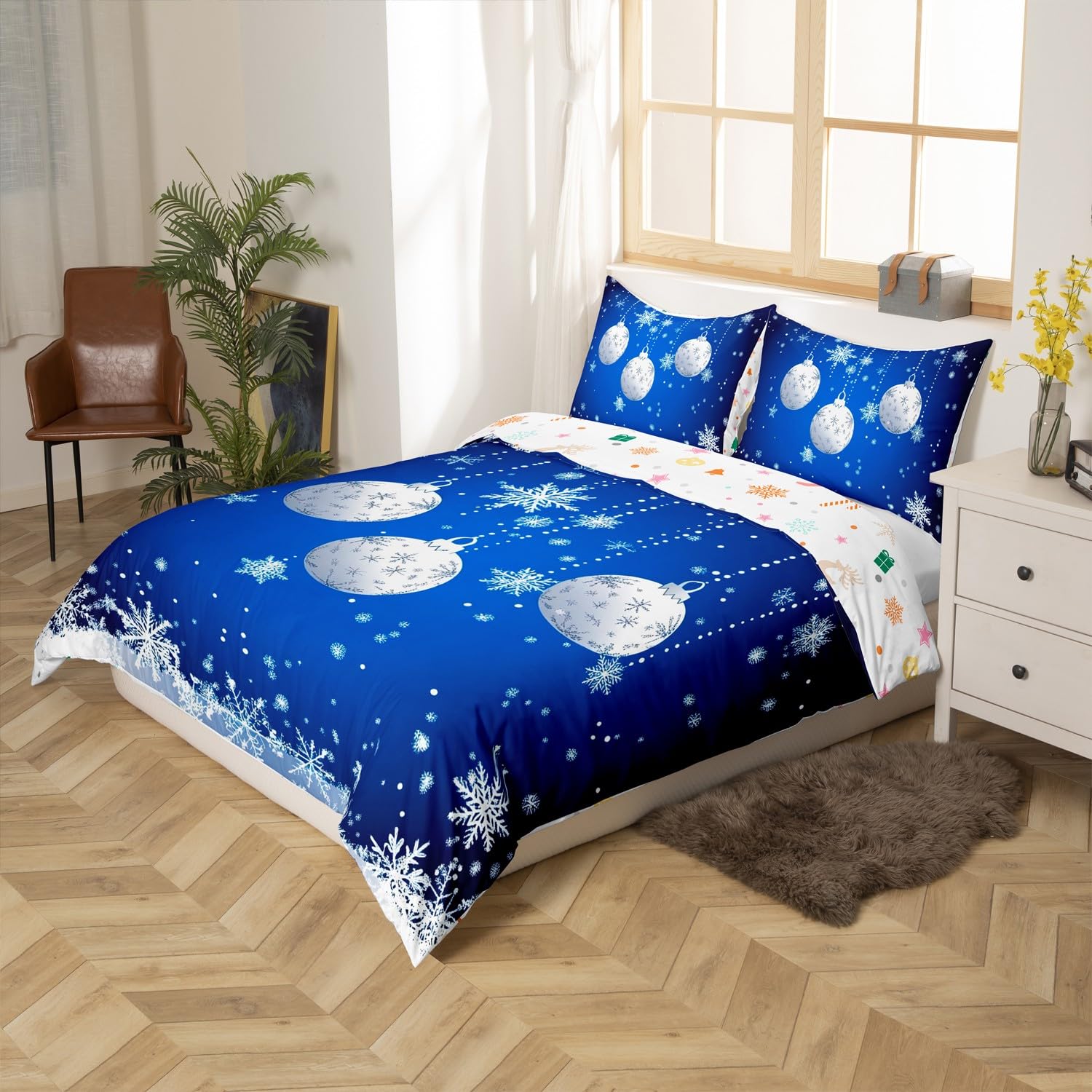 Erosebridal Merry Christmas Duvet Cover Queen Size,Blue Christmas Ornaments Bedding Set Xmas Snowflake Comforter Cover for Boys Girls Glitter Stars Bed Sets New Year Christmas Decorations