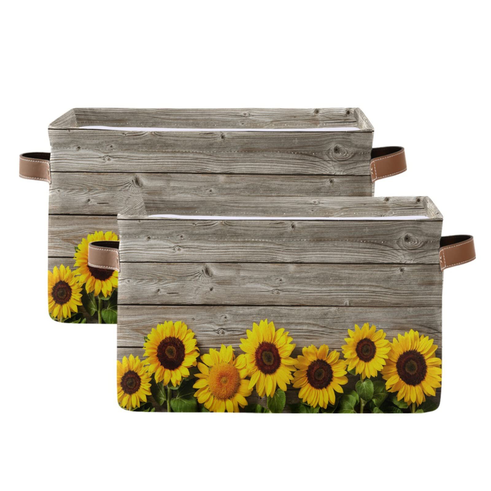 Sunflowers on Wooden Storage Basket Storage Bin Rectangular Collapsible Storage Box with Leather Handles Shelves Basket Organizer for Home, School