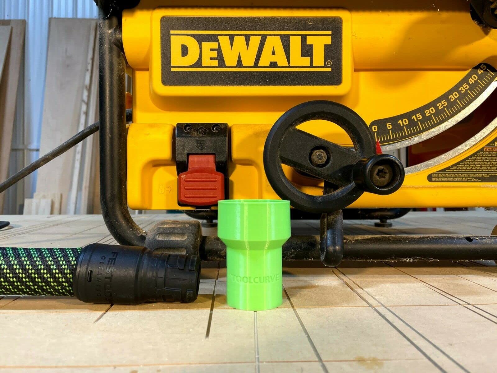 ToolCurve's hose adapter compatible with Festool 27mm hose to Dewalt, Milwaukee & Ridgid 2 1/4 Table Saws