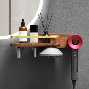 Hair Dryer Stand Holder for Dyson Supersonic, Magnetic Hair Dryer Display Rack Wood Bathroom Wall Mounted Organizer (C)