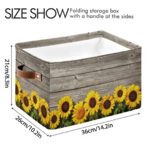 Sunflowers on Wooden Storage Basket Storage Bin Rectangular Collapsible Storage Box with Leather Handles Shelves Basket Organizer for Home, School