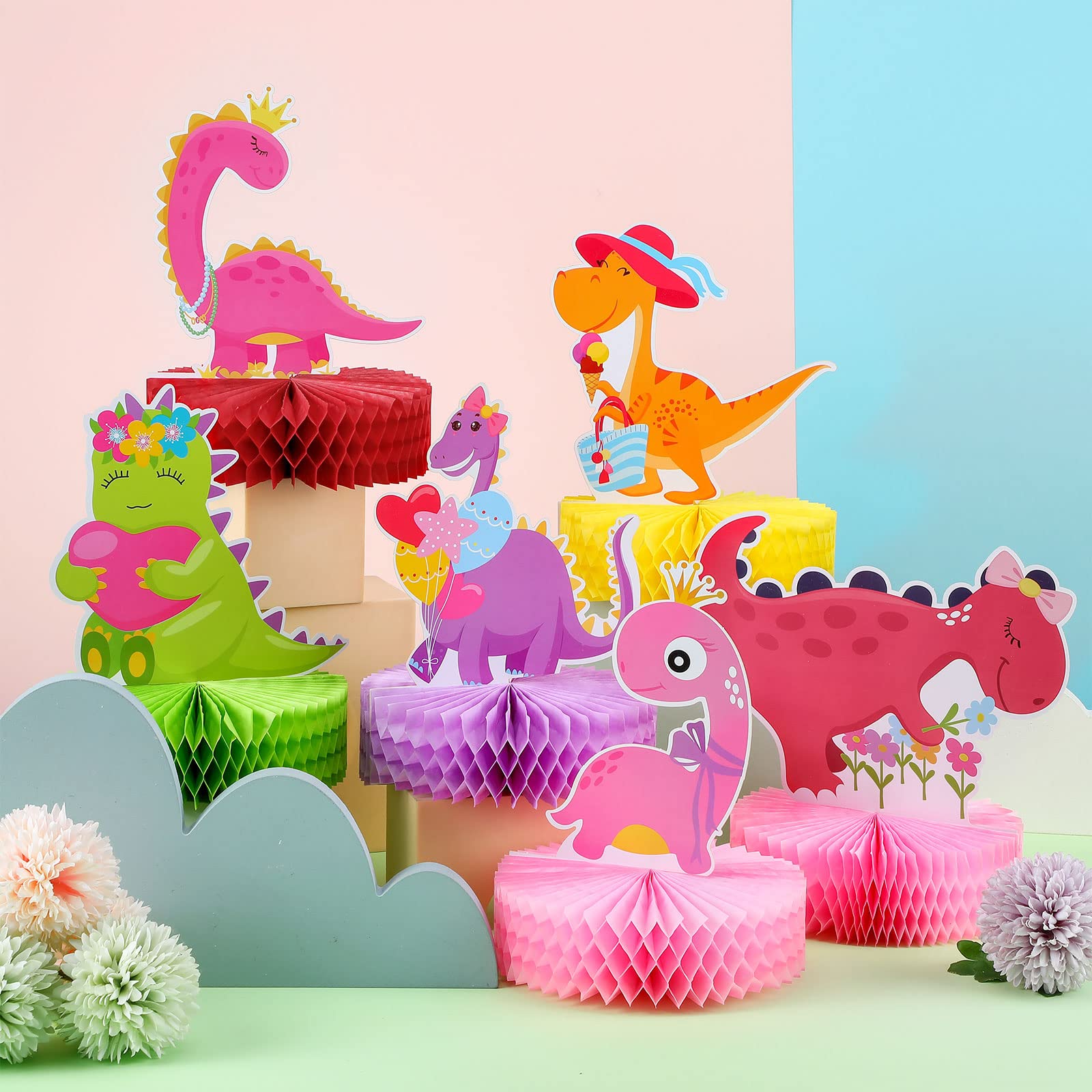 Leinuosen 9 Pcs Dinosaur Party Honeycomb Centerpieces Girls Dinosaur Center Piece for Table Decorations 3D Table Toppers Birthday Party Supplies for Baby Shower Decor Props