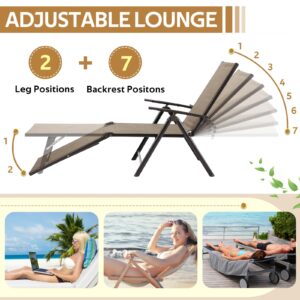 Esright Outdoor Chaise Lounge Chair,Folding Textiline Reclining Lounge Chair for Beach Yard Pool Patio with 7 Back & 2 Leg Adjustable Positions,Brown