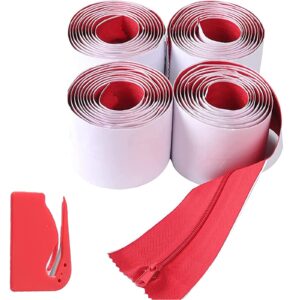 (4-pack) heavy-duty dust protector zipper (red) - self-adhesive instant door zipper - 7 ft long x 3 in wide zipper - includes 4 zippers and plastic sheeting cutter accessories