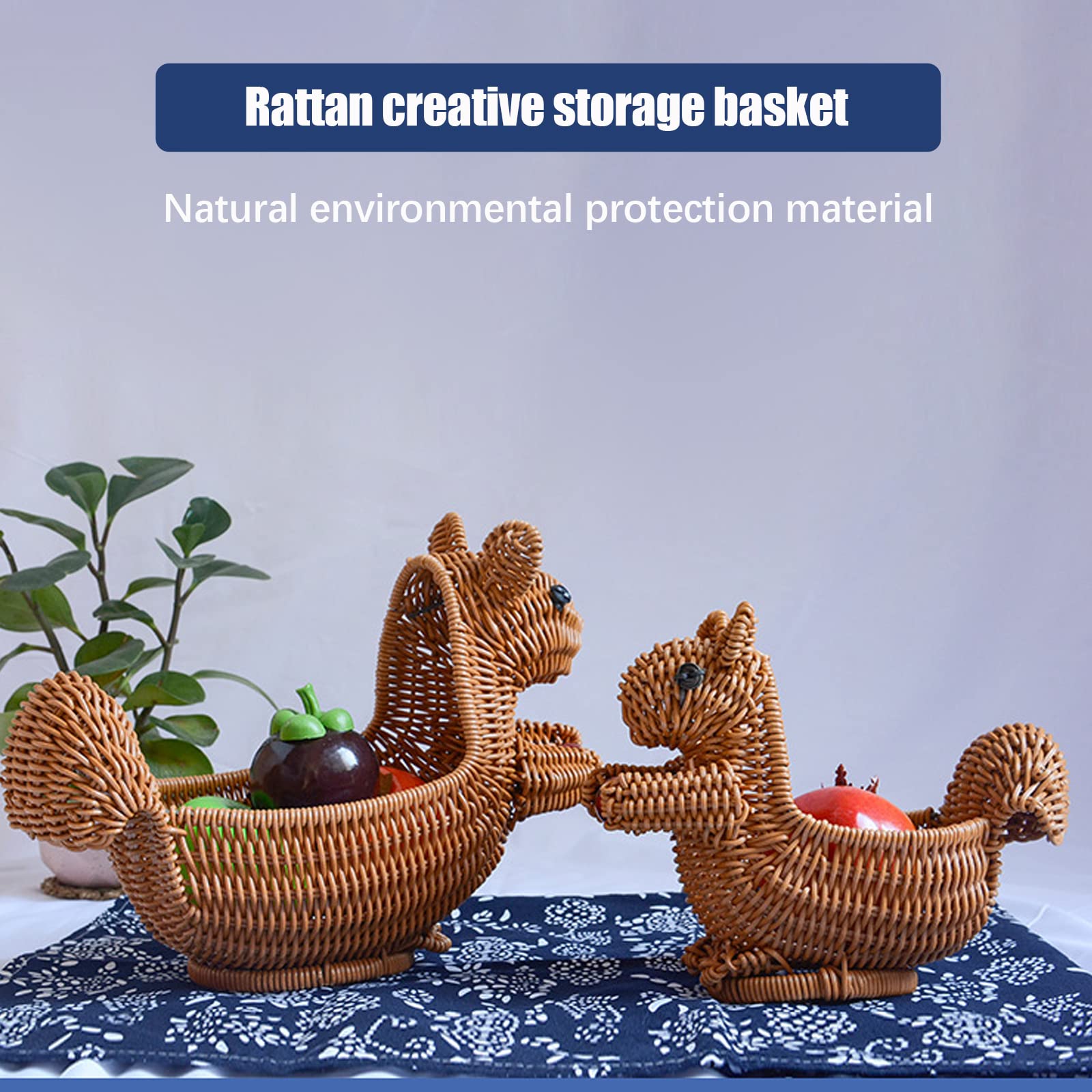 Mokylor Rattan Woven Fruit Basket, 26 x 22 x 14 cm Squirrel Shape Woven Wicker Baskets, Creative Weaving Storage Container Vegetable Basket Tray for Laundry, Picnic and Decoration (L)