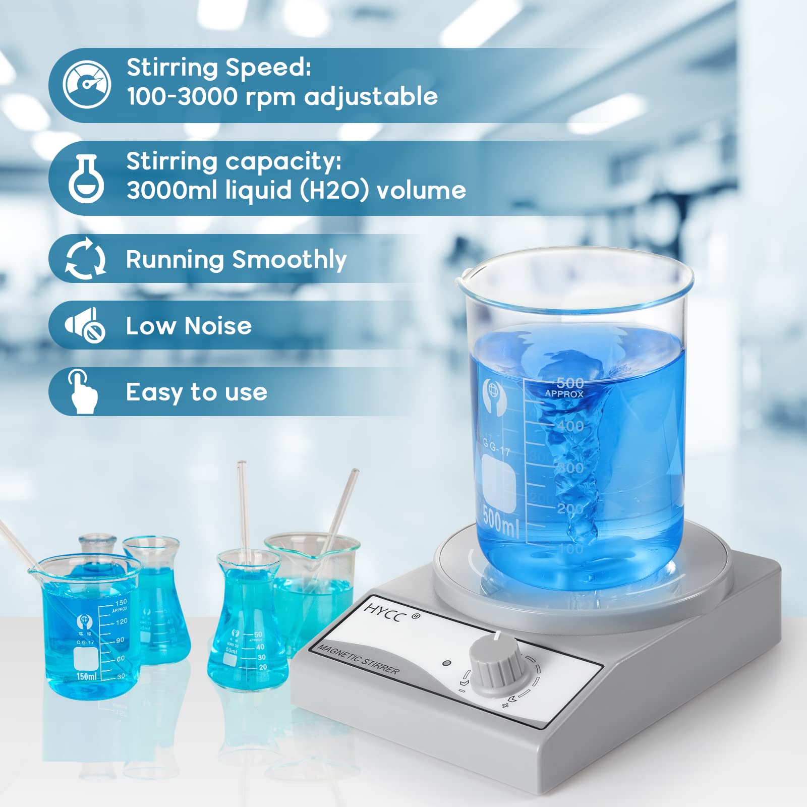 HYCC Laboratory Magnetic Stirrer with Magnetic Stirring bar and Stirring bar Retriever, 3000 RPM, max. Capacity: 3000ml