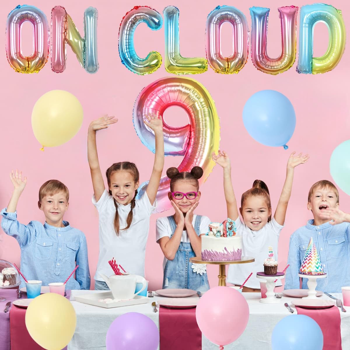 Sursurprise On Cloud 9 Birthday Decorations for Girls, Gradient On Cloud 9 Balloons Pastel Rainbow Balloon for Cloud Rainbow 9th Birthday Party Supplies