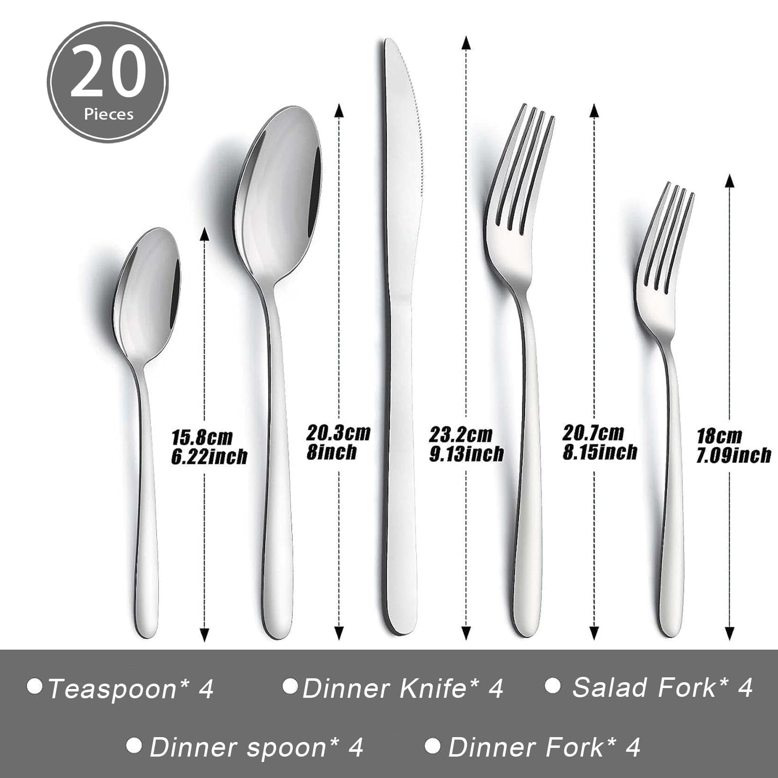 APEO 20 Piece Stainless Steel Silverware Set for 4, Premium Polished Flatware Sets, Forks Spoons and Knives Set, Food-Grade Cutlery Set for Home Kitchen Restaurant Hotel, Dishwasher Safe Utensils Set