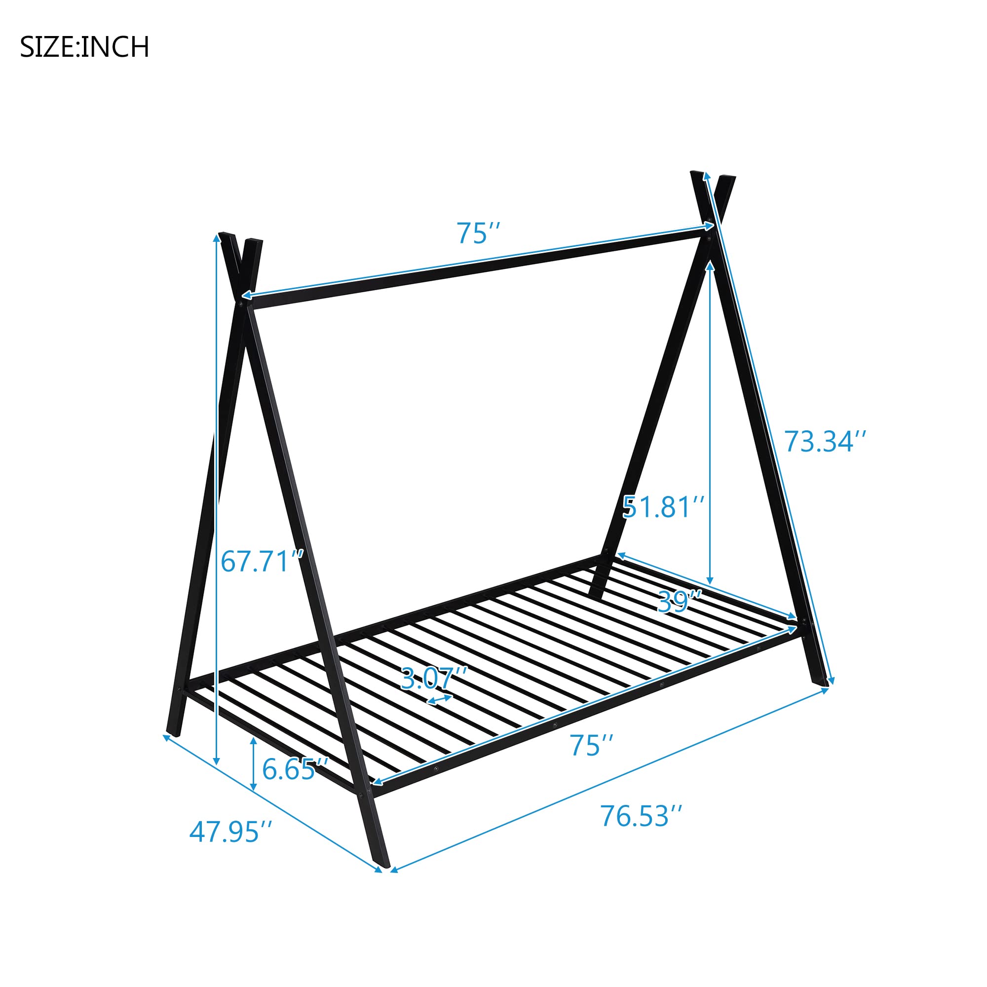 CITYLIGHT House Twin Bed for Kids, Metal Tent Bed with Slat, Toddler Twin House Bed, Montessori Floor Beds for Kids Boys Girls Teens(Twin, Black)