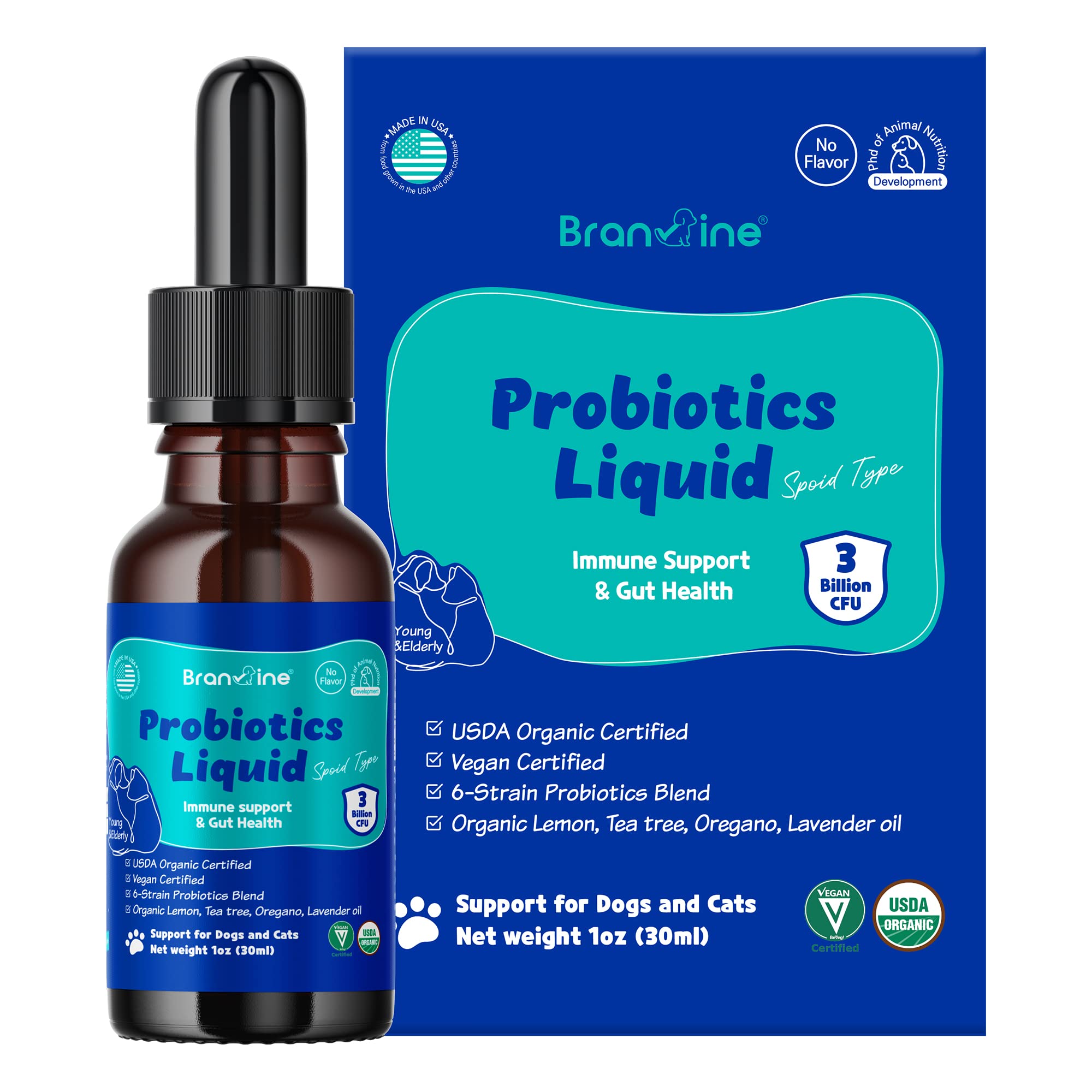 Branvine Probiotics Liquid Immune Support& Gut Health for Cats and Dogs - 6-Strains Probiotics with Organic Lemon, Organic Tea Tree, Organic Oregano, Organic Lavender (30 ml)