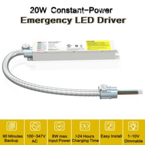 20W LED Emergency Backup Driver, 100-347VAC 175V DC,Emergency Time Over 90 Minutes, 0/1-10V Dimmable Emergency led Driver, Rechargeable UL Listed Backup Battery for LED Recess, Panel and Linear Lights