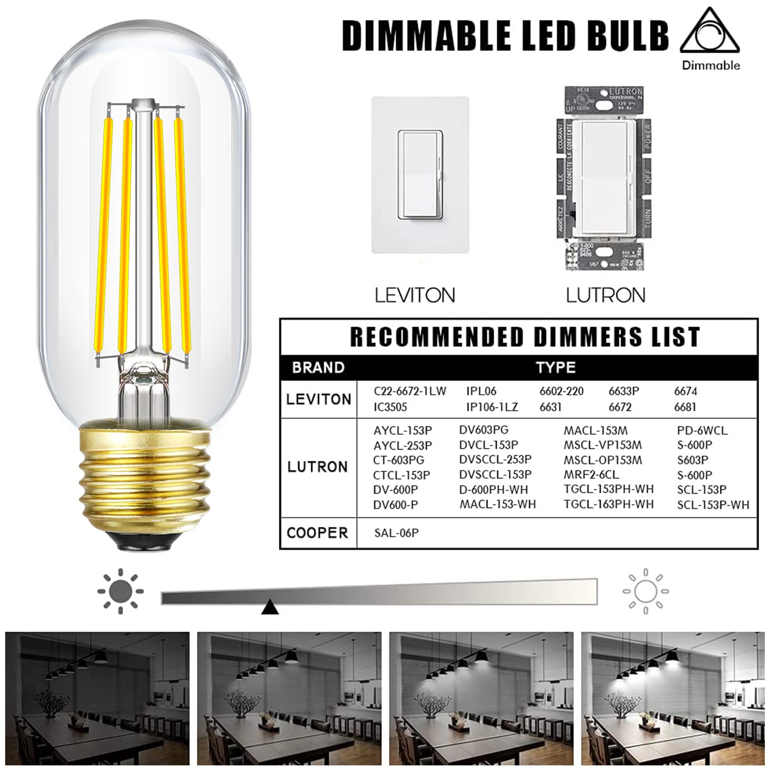 Leools E26 Edison Bulb 8W Equivalent E26 LED Bulb 100 Watt Dimmable Daylight 4000K E26 Light Bulb AC120V 800lm Tubular T14 LED Bulb for Pendant,Sputnik,Vanity,Chandeliers Pack of 6