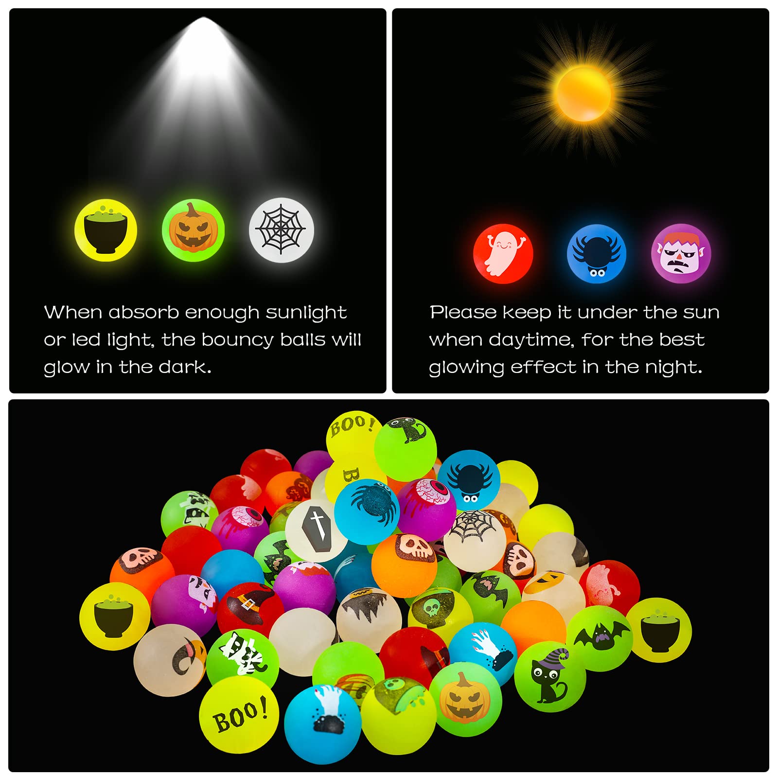 MGparty 90 PCS Halloween Glow in The Dark Bouncy Balls 18 Halloween Theme Designs Bouncing Balls for Kids Girls Boys Halloween Party Favors Supplies Trick or Treating Goodies Bag Gifts Fillers